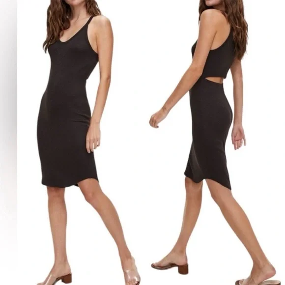 Aritzia Wilfred Free Black Yasmin Dress Bodycon Back Cut Out Midi Tank Dress XXS - Picture 1 of 10